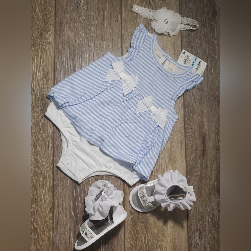First Impressions blue & white striped, sleeveless baby romper Sz 3-6 months